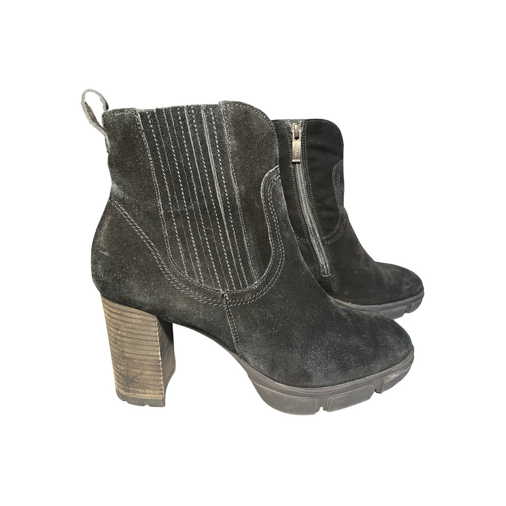 Paul Green Black Suede Western Ankle Boots Platform Block Heel Size 10